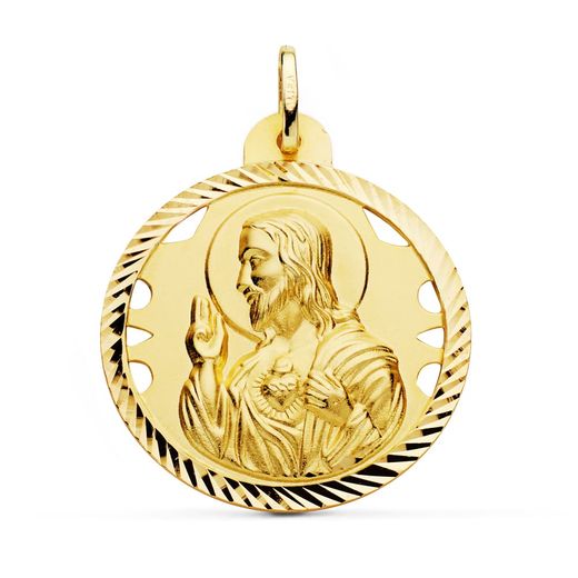 18K Medalla Oro Amarillo Cristo Sagrado Corazon De Jesus Calado Cerco Helice Tallado 30 Mm