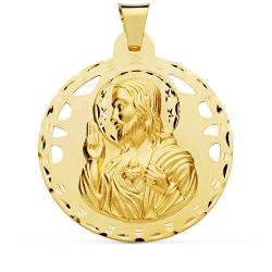 18K Medalla Oro Amarillo Cristo Sagrado Corazon De Jesus Calado Y Tallado 42 Mm