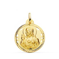 18K Medalla Oro Amarillo Cristo Sagrado Corazon De Jesus Helice Calada 24 Mm
