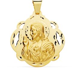 18K Medalla Oro Amarillo Cristo Sagrado Corazon De Jesus Pandereta Calada 42 Mm