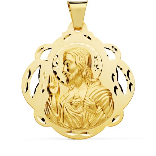 18K Medalla Oro Amarillo Cristo Sagrado Corazon De Jesus Pandereta Calada 42 Mm