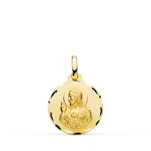 18K Medalla Oro Amarillo Cristo Sagrado Corazon De Jesus Tallada 16 Mm