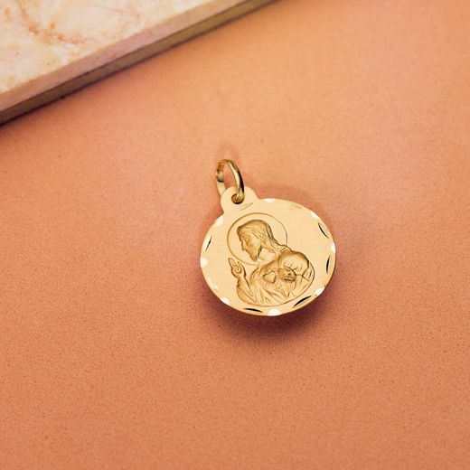 18K Medalla Oro Amarillo Cristo Sagrado Corazon De Jesus Tallada 18 Mm