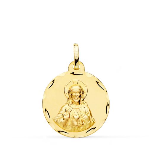 18K Medalla Oro Amarillo Cristo Sagrado Corazon De Jesus Tallada 20 Mm