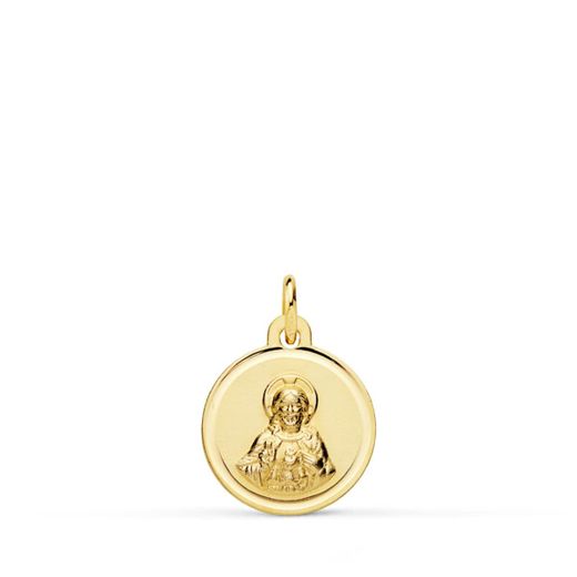 18K Medalla Oro Amarillo Cristo Sagrado Corazon Jesus Bisel 12 Mm