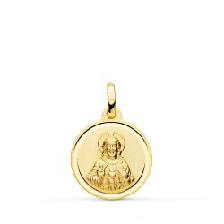 18K Medalla Oro Amarillo Cristo Sagrado Corazon Jesus Bisel 16 Mm