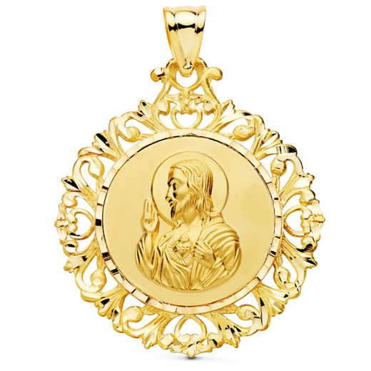 18K Medalla Oro Amarillo Escapulario Oro Amarillo Cerco Corazon De Jesus Y V Carmen 45X40 Mm