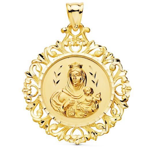 18K Medalla Oro Amarillo Escapulario Oro Amarillo Cerco Corazon De Jesus Y V Carmen 45X40 Mm