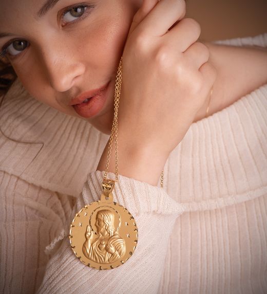 18K Medalla Oro Amarillo Escapulario Oro Amarillo Tallado Virgen Del Carmen Y Corazon De Jesus 55 Mm