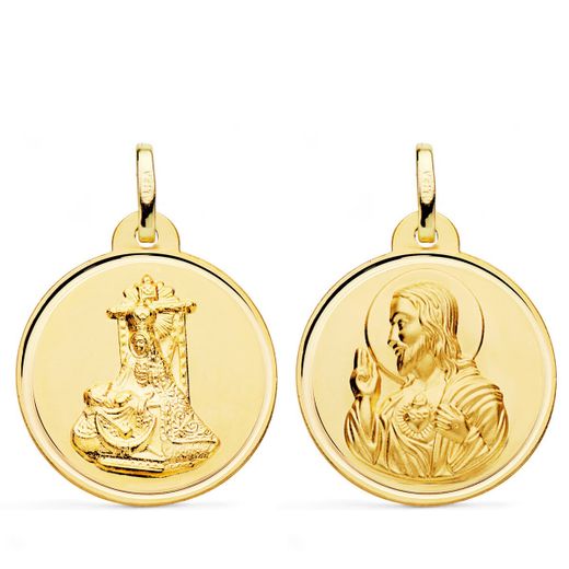 18K Medalla Oro Amarillo Escapulario Oro Amarillo Virgen De Las Angustias Y Corazon De Jesus Bisel 24 Mm