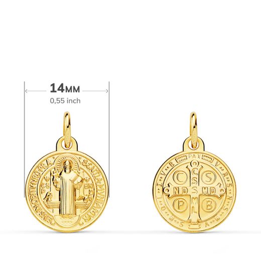 18K Medalla Oro Amarillo Escapulario San Benito Monje 14 Mm Matizada