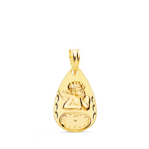 18K Medalla Oro Amarillo Gota Angelito Burlon Con Reloj Tallada 19X11 Mm