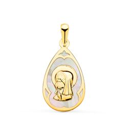 18K Medalla Oro Amarillo Gota Con Nacar Blanco Y Virgen Niña 21 X 14 Mm