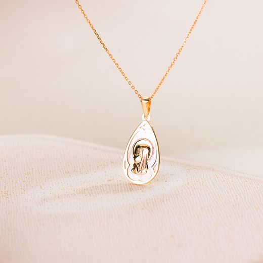 18K Medalla Oro Amarillo Gota Con Nacar Blanco Y Virgen Niña 21 X 14 Mm
