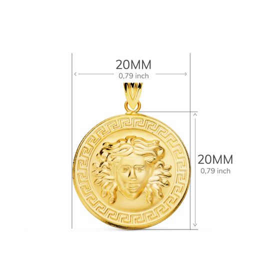 18K Medalla Oro Amarillo Medusa Con Borde De Greca Matizada 20 Mm