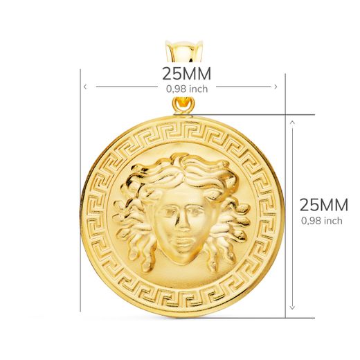 18K Medalla Oro Amarillo Medusa Con Borde De Greca Matizada 25 Mm