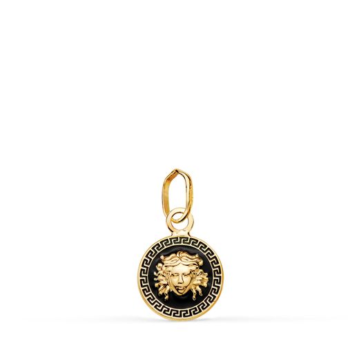 18K Medalla Oro Amarillo Medusa Greca Con Esmalte Negro. 10 Mm