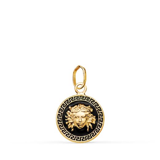 18K Medalla Oro Amarillo Medusa Greca Con Esmalte Negro. 12 Mm