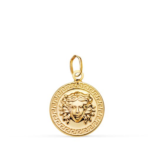 18K Medalla Oro Amarillo Medusa Greca En Brillo. Medida: 15 Mm