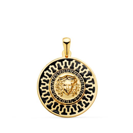 18K Medalla Oro Amarillo Medusa Greca Y Motivo Con Esmalte Negro. 20 Mm