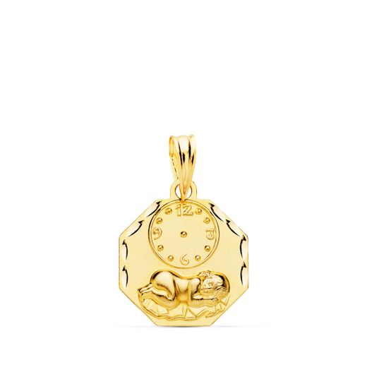 18K Medalla Oro Amarillo Octogonal Niño De La Hora Con Reloj Tallada 15X15 Mm