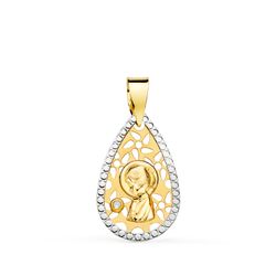 18K Medalla Oro Amarillo Oro Bicolor Virgen Niña Calada Bordes Tallados 19X12 Mm