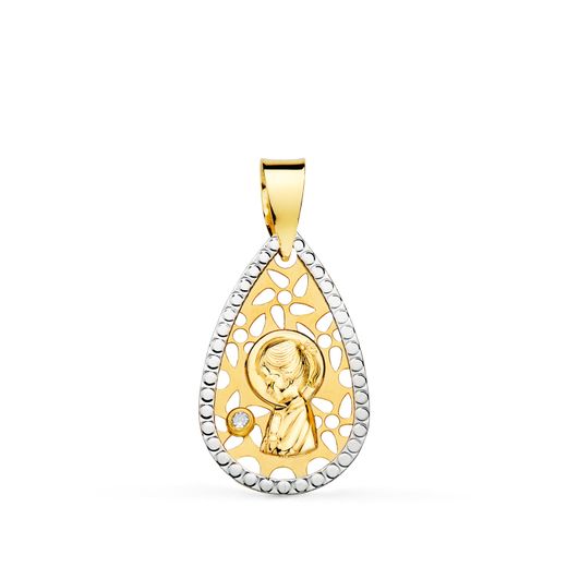 18K Medalla Oro Amarillo Oro Bicolor Virgen Niña Calada Bordes Tallados 19X12 Mm