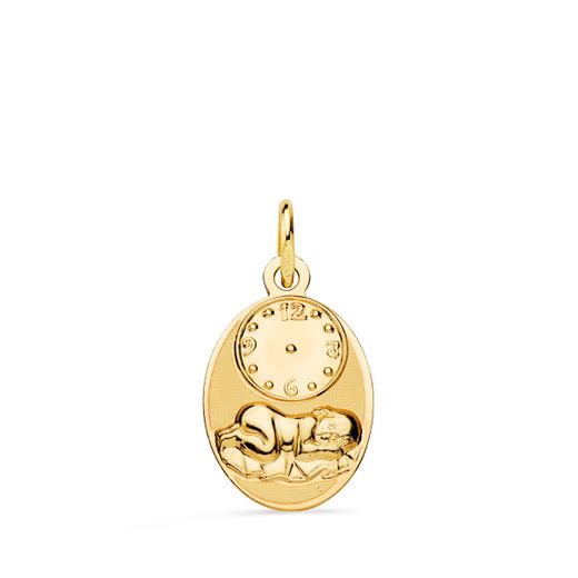 18K Medalla Oro Amarillo Oval Niño De La Hora Con Reloj Brillo Y Mate 19X12 Mm