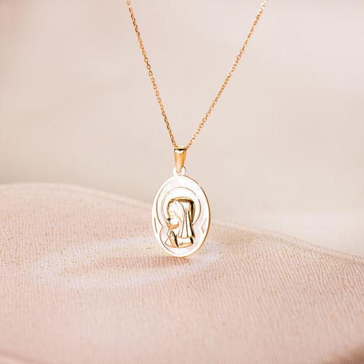 18K Medalla Oro Amarillo Ovalada Con Nacar Blanco Y Virgen Niña 17X12 Mm