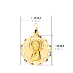 18K Medalla Oro Amarillo Pandereta Virgen Niña Perfil Matizada Y Calada 19 Mm