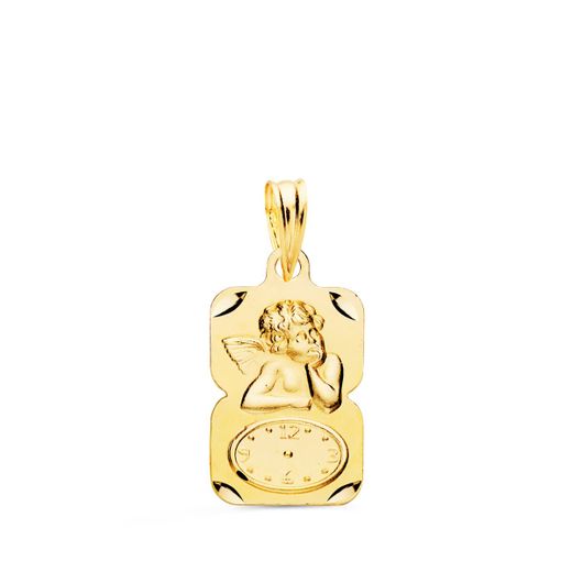 18K Medalla Oro Amarillo Rectangulo Angelito Burlon Con Reloj Tallada 19X11 Mm
