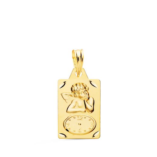 18K Medalla Oro Amarillo Rectangulo Angelito Burlon Con Reloj Tallada 19X11 Mm