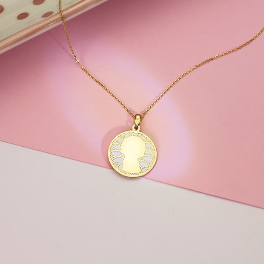 18K Medalla Oro Amarillo Redonda Con Nacar Blanco Y Virgen Niña. 18 Mm