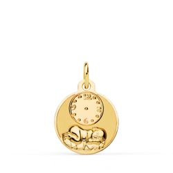 18K Medalla Oro Amarillo Redonda Niño De La Hora Con Reloj Brillo Y Mate 15 Mm