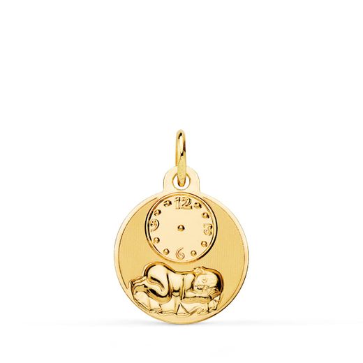 18K Medalla Oro Amarillo Redonda Niño De La Hora Con Reloj Brillo Y Mate 15 Mm