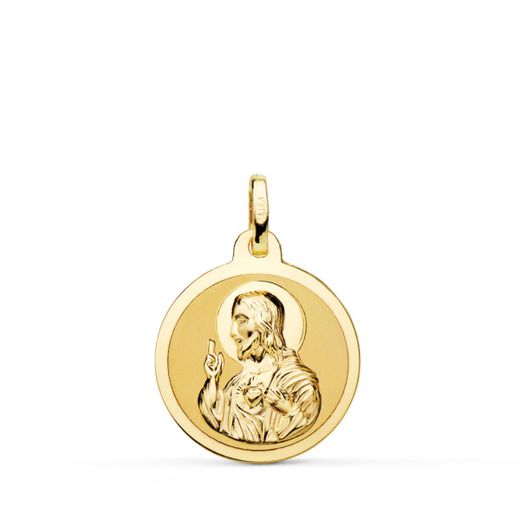 18K Medalla Oro Amarillo Sagrado Corazon De Jesus Mate Y Brillo 18 Mm