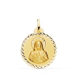 18K Medalla Oro Amarillo Sagrado Corazon De Jesus Talla Cruzada 22 Mm