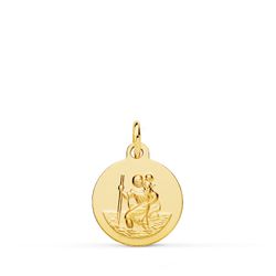 18K Medalla Oro Amarillo San Cristobal Lisa Matizada 14 Mm