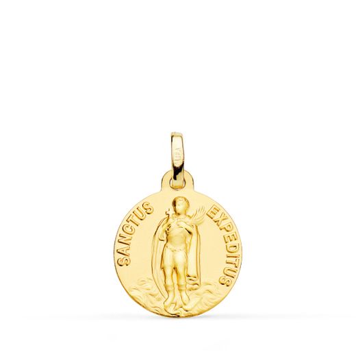 18K Medalla Oro Amarillo -Sanctus Expeditus- Lisa Matizada 16 Mm