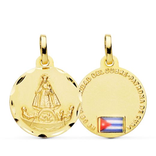 18K Medalla Oro Amarillo Virgen Caridad Cobre Balsa 20 Mm Esmaltada