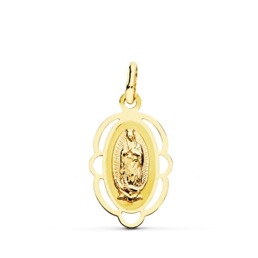 18K Medalla Oro Amarillo Virgen De Guadalupe Cerco 20X12 Mm