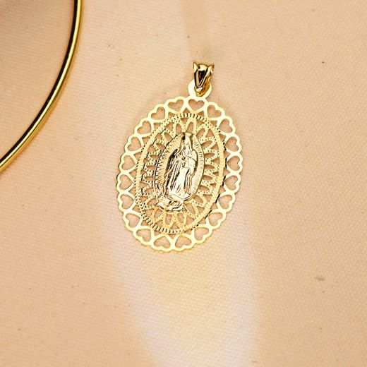 18K Medalla Oro Amarillo Virgen De Guadalupe Oval 50X35 Mm Cerco Corazones