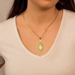 18K Medalla Oro Amarillo Virgen De Guadalupe Oval 50X35 Mm Cerco Corazones