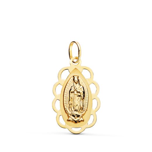 18K Medalla Oro Amarillo Virgen De Guadalupe Oval Calada. Medida: 26 X 16Mm