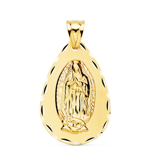 18K Medalla Oro Amarillo Virgen De Guadalupe Talla Clasica Gota 36 X 23 Mm