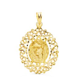 18K Medalla Oro Amarillo Virgen De La Macarena Cerco Filigrana 28X21 Mm