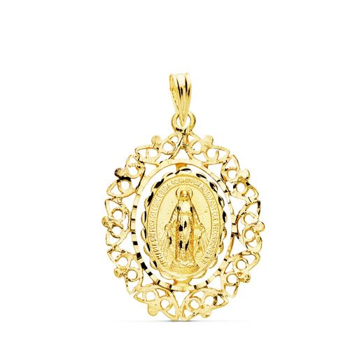 18K Medalla Oro Amarillo Virgen De La Milagrosa Cerco 27X21 Mm