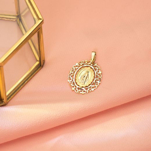 18K Medalla Oro Amarillo Virgen De La Milagrosa Cerco 27X21 Mm