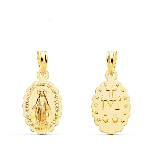 18K Medalla Oro Amarillo Virgen De La Milagrosa Oval Matizada 15X10 Mm
