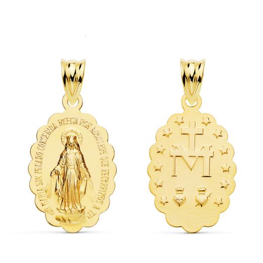 18K Medalla Oro Amarillo Virgen De La Milagrosa Oval Matizada 20X15 Mm